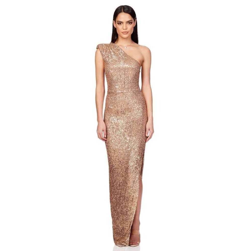 Nookie Womens Veda Sequin Gold One Shoulder Padded Column Gown‎ Size XL
